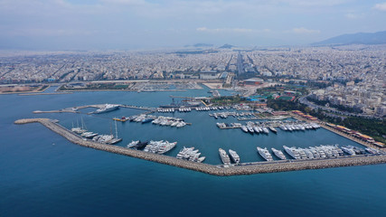 Aerial drone photo of famous Flisvos Marina with mega yachts and sail boats docked, Athens riviera,...