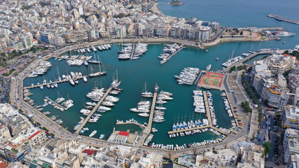 Aerial drone photo of famous busy port and safe dock of Bay of Zea or Pasalimani (Pasha's harbour) in the heart of Piraeus, Attica, Greece