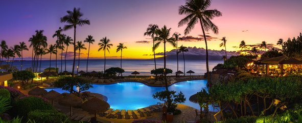 Tropical resort with sunset - obrazy, fototapety, plakaty
