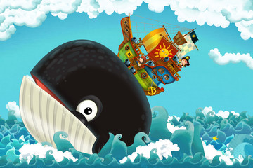 cartoon scene with pirate ship sailing through the seas with happy pirates meeting swimming whale - illustration for children