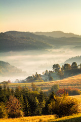 Autumn landscape, misty morning in the region of Kysuce, Slovakia, Europe.