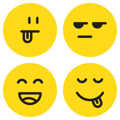 Yummy emoticon with happy smile and tongue. Emoji face on yellow background. Vector illustration