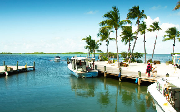 View of a marina at the gulf side (west) of the island, Islamorada, Florida, USA.