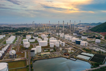 Aerial view of Oil and gas industry - refinery at twilight