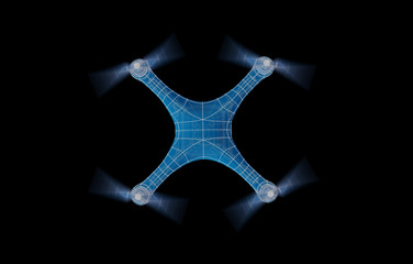 The image of a blue quadcopter (air drone). Drone flying with action camera. Wire-frame style. Semi-transparent material. 3D illustration. Isolated on black background.