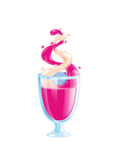 Soft berry and creamy milkshake, Smoothie.  Glass with Splash, two streams from bottom to top of Milk, white and pink liquid fruit jam. Mixing splashes of drink Poured into the capacity, vector