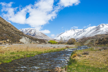 Fototapeta na wymiar Landscape River Mountain, Winter background