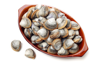 Stacked fresh raw clams on white background