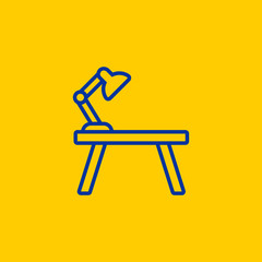 Blue line Work Desk table icon on yellow background