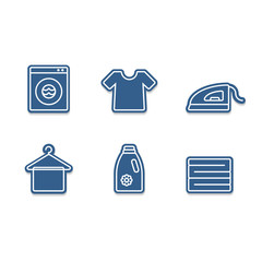 Laundry icon set with iron, tshirt, detergent, clothes stack, hanger and wash machine cutout sticker icon style