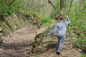 Boy walk or hike through the forest in early spring