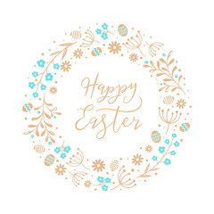 Easter wreath with Easter eggs, flowers, leaves and branches on white background. Decorative frame with gold elements. Unique design for your greeting cards