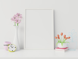 Poster mockup with vertical frame and right/left have book,flower white wall background,3D rendering