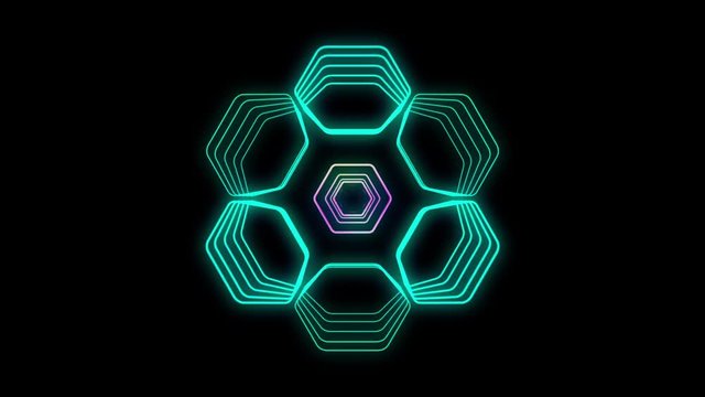 Glowing hexagonal 3D UI element. Illuminated geometric hexagon shapes transforming in a seamless loop.