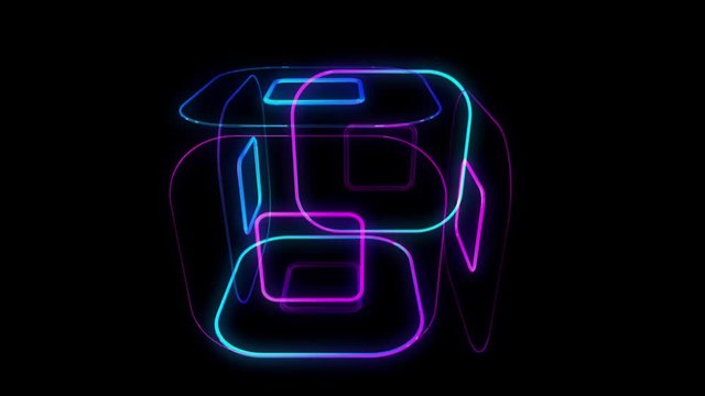 Glowing quadrilateral 3D UI elemen. Illuminated geometric square and quad shapes transforming in a seamless loop.