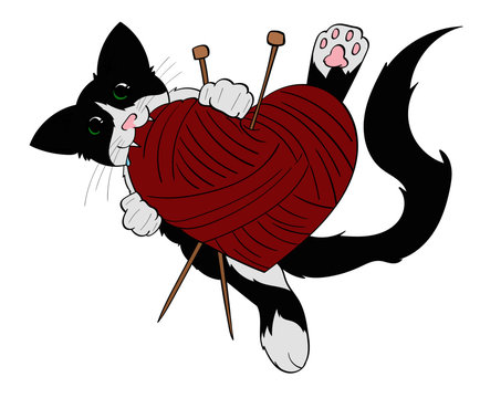 Tuxedo Cat Holding a heart shaped ball of yarn
