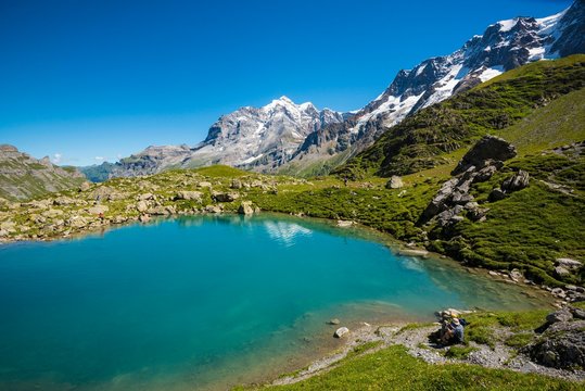 Lake Oberhorn, Hinteres Lauterbrunnental, Monch behind, Lauterbrunnen, Swiss Alps Jungfrau-Aletsch, Bernese Oberland, Switzerland, Europe