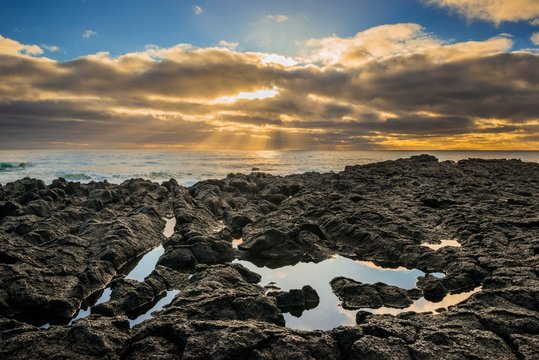 Lava coast at sunset with dark clouds, near Malarrif, peninsula Snaefellsnes, Vesturland, Iceland, Europe