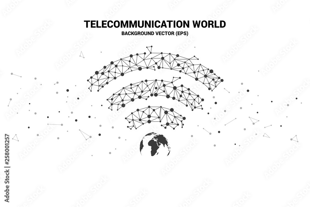 Aufkleber Vector wi-fi icon with globe center from Polygon dot connected line. Concept for world of telecommunication and mobile phone technology network.