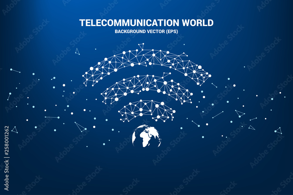 Poster Vector wi-fi icon with globe center from Polygon dot connected line. Concept for world of telecommunication and mobile phone technology network.