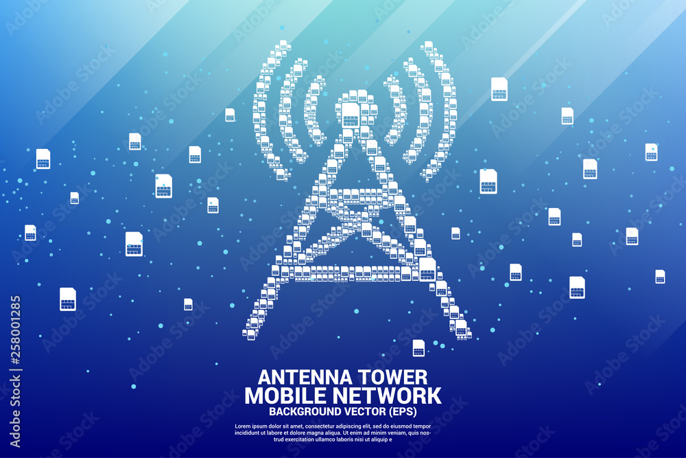 Poster antenna tower icon from mobile sim card. concept for mobile telecommunication global network.