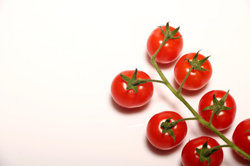 Ripe fresh Juicy organic cherry tomatoes closeup on branch isolated on a white background.