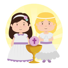 girsl with dress and chalice to first communion