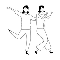 Two women friends cartoon in black and white