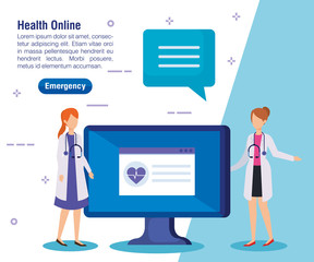 women doctors with laptop and chat bubble