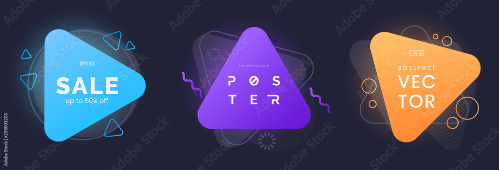 Poster abstract triangle banners with bright effect isolated on dark background. neon badges collection. ab