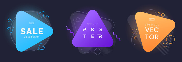 Abstract triangle banners with bright effect isolated on dark background. Neon badges collection. Abstract geometric shapes. Dynamic composition. Use for advertising, party invite, etc. Vector eps 10.