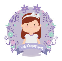 girl with dress and branches leaves to first communion