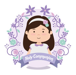 girl with branches leaves and ribbon to first communion