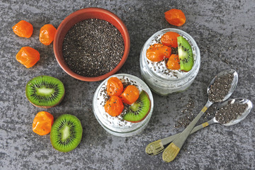 Yogurt with chia seeds and fruit. Super Food Keto snack idea.