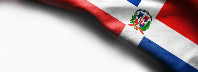Realistic colourful background, flag of Dominican Republic on white background - right top corner...