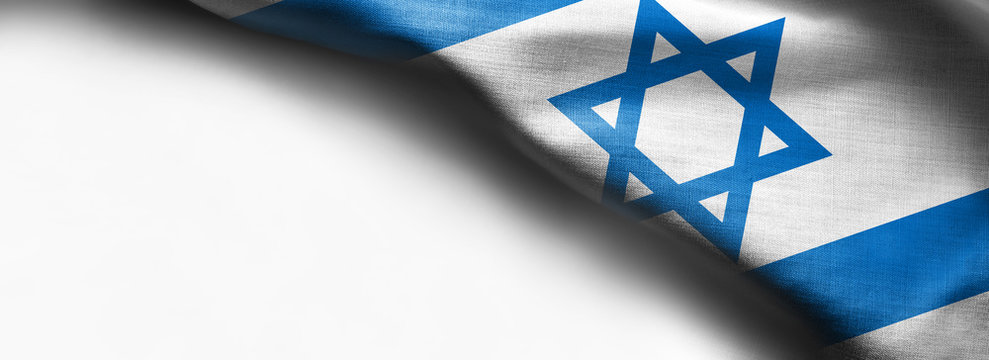 Waving colorful Flag of Israel on white background - right top corner flag