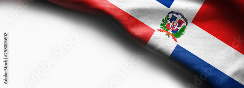 Realistic colourful background, flag of Dominican Republic on white background - right top corner flag