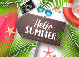 Hello summer vector banner. Wooden sign board with hello summer text and beach elements like surfboard and seashells in white sand background. Vector illustration.