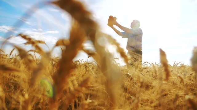 old farmer man silhouette baker holds a golden bread and loaf in ripe wheat field against the blue sky. slow motion video. successful agriculturist in field of wheat. harvest time. lifestyle old man