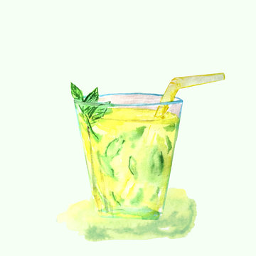 lemonade in a glass cup with ice and mint. watercolor illustration for menu design, decoration.