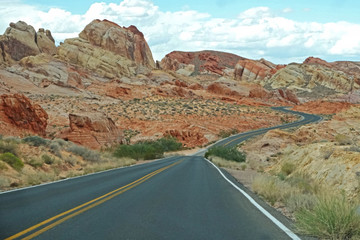Small narrow road leading into The Valley of Fire State Park.