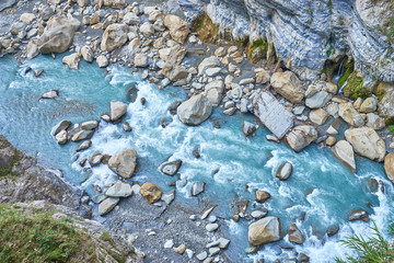 Beautiful scenic of rock cliffs with Shakadang river at Swallow Grotto in Yanzikou, Taroko national park, Hualien, Taiwan.