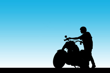 Silhouette man and motorcycle on sky background.