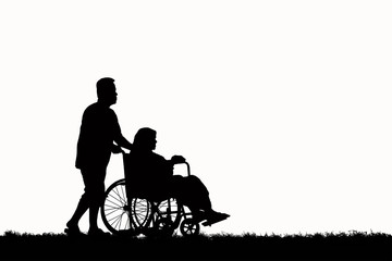 Silhouette men carry a wheelchair with the elderly on white background