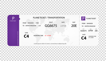 Modern airline ticket. Plane ticket design on transparent background. Concept design of  Plane ticket, airline ticket. Vector flat style cartoon illustration - obrazy, fototapety, plakaty