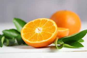 Fresh oranges fruit on white table background, Tropical fruit.