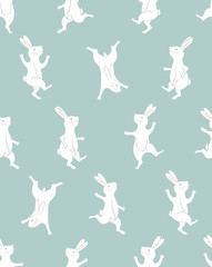 Collection of Easter Bunny characters from different poses. Happy running and dancing bunnies. Seamless pattern