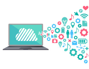 フラットデザインのパソコンのイラストとクラウドサーバーやインターネットのイメージ Art Wall Mural A Design Box