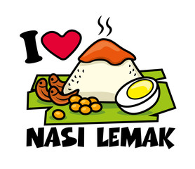 Nasi Lemak dishes. Traditional malay food. Nasi Lemak rice with boiled egg, peanuts, banana leaf. Spicy Sambal on top of rice. Tagline: I love Nasi Lemak