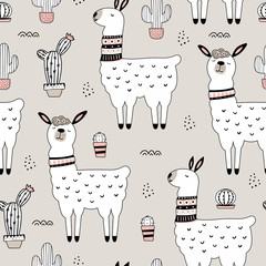 Seamless pattern with llama and cactus.